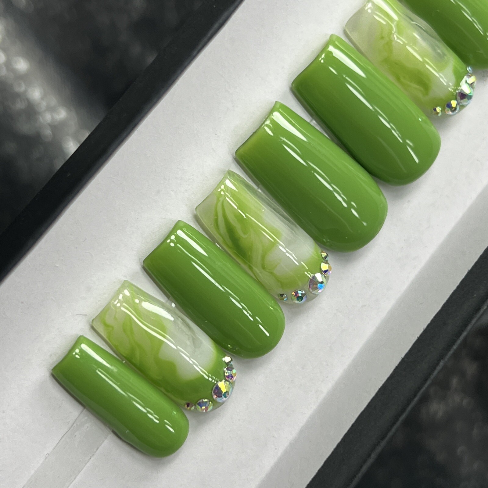 🍏 CUSTOM Gel Press On Nails, GREEN W/ BLING, 10p Set, FULL KIT, Medium Square