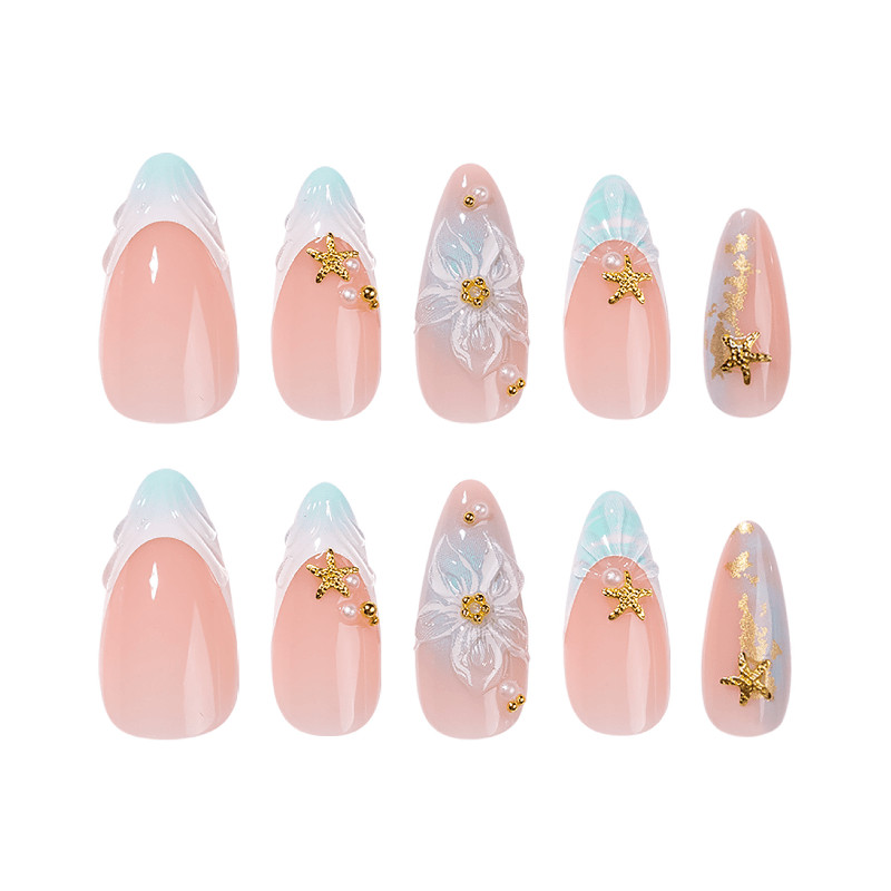48pcs Stiletto Press on Nails, Light Blue French 3D Flower Gold Starfish Nails
