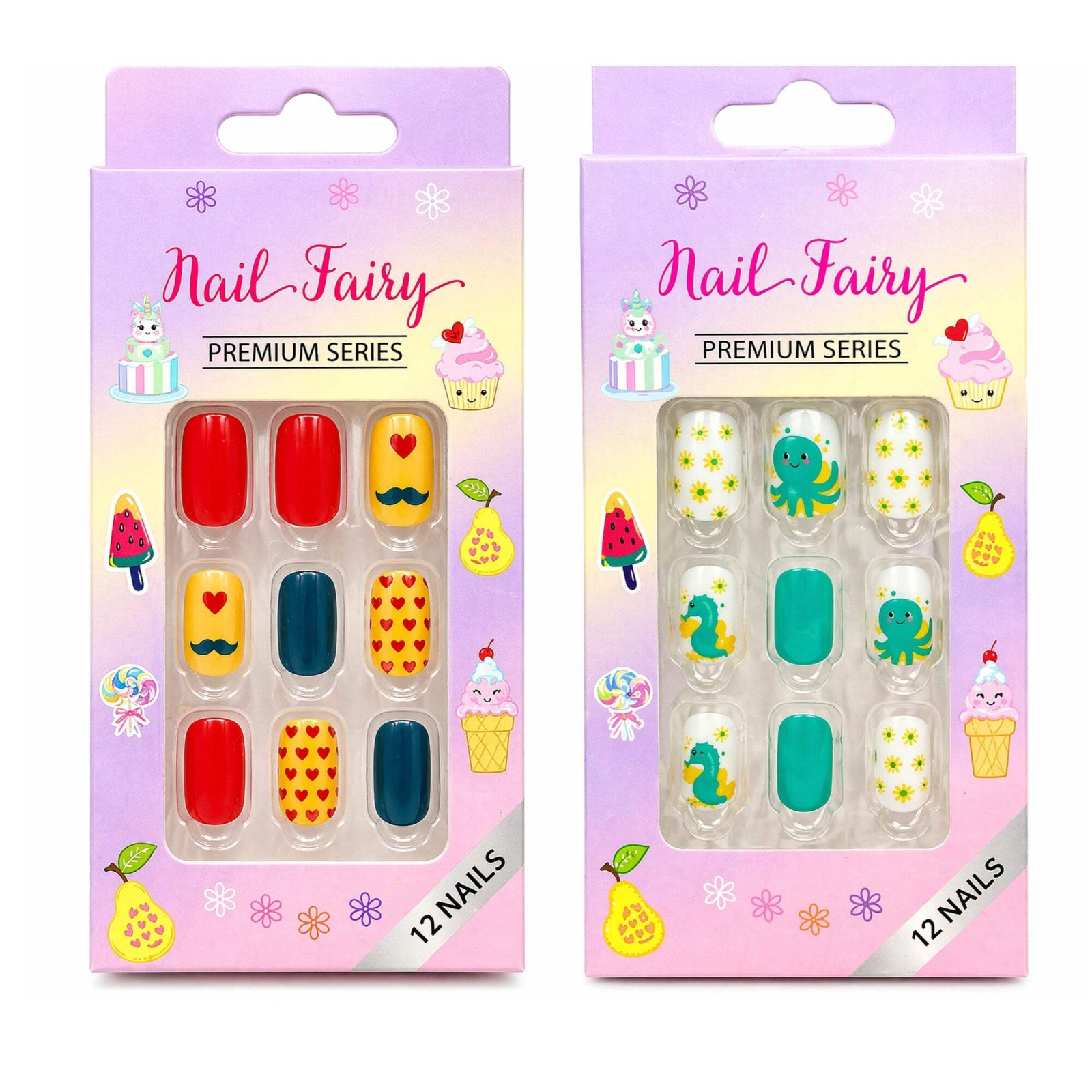 12 Pieces Kids Press On Nails Set Cute Reusable Designs
