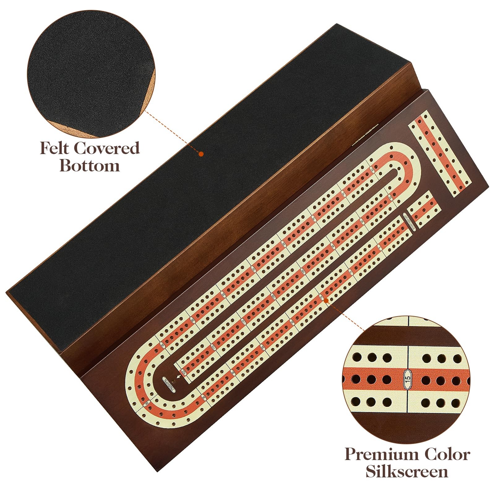 BIVOMON Cribbage Board Game Set Continuous 3 15 x 4 x 2 inches, Brown+classic