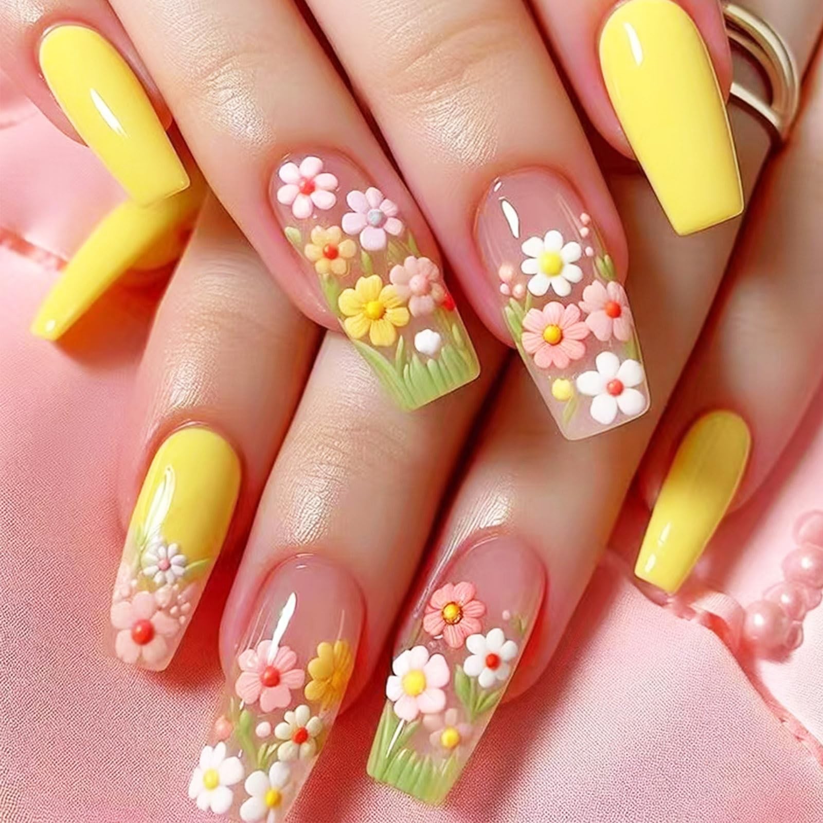 24Pcs Flower Press on Nails Wild Flower Acrylic Full Cover Fake Nails Yellow …
