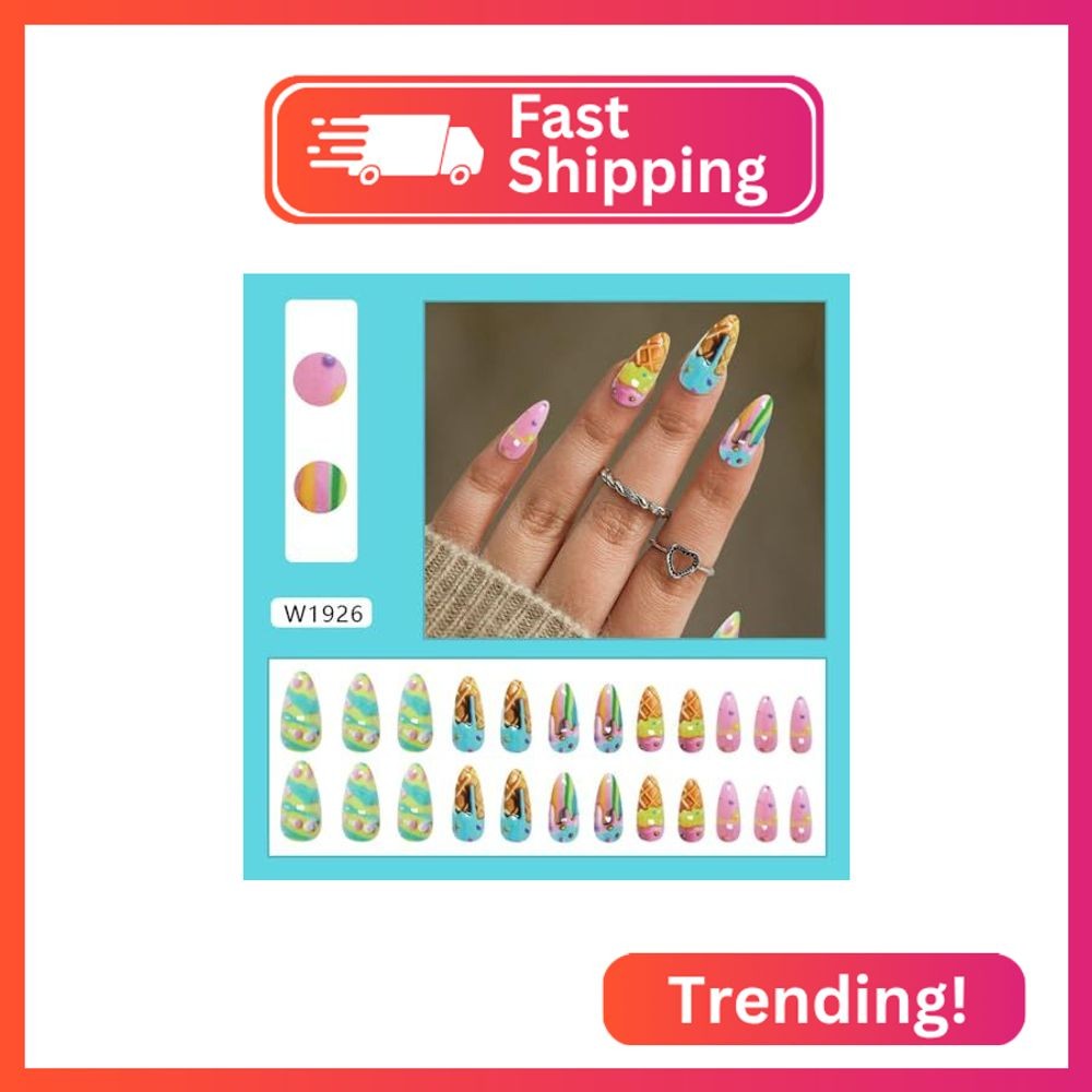 24Pcs Cute and playful Cookies Eye Press on Nails Short Oval Fake Nails with Gol