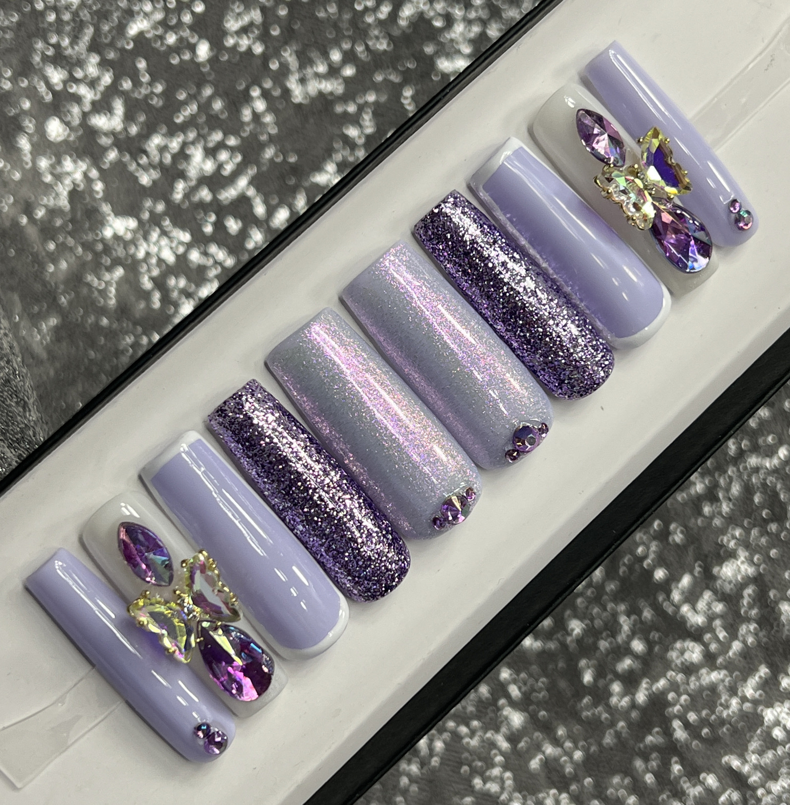 🖤 CUSTOM Gel Press On Nails, HEART BLING , 10p set FULL SET W Kit LONG SQUARE