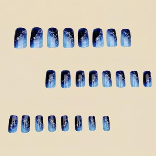 24Pcs Ocean Blue Fake Nails Short Medium Square Press on Nails with Design G10