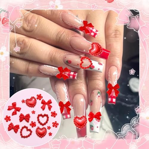 Heart Bow Nail Charms Valentine’s Day Charm for Acrylic Nails 3D Tiny Red