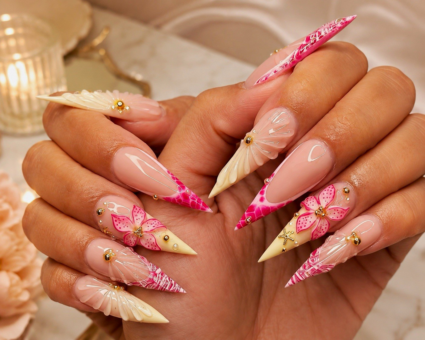 Long Stiletto Press-On Nails 3D Pink Beige White Floral Full Cover Pre-Designed