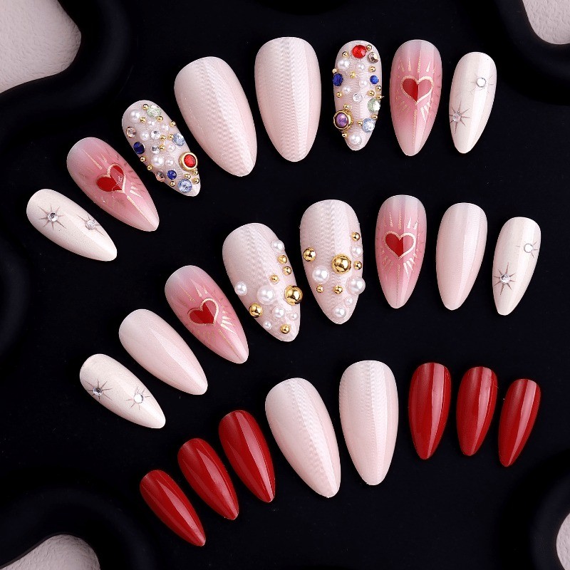Valentine’s Day Handmade Nail 48 Pieces Long Almond, Removable Nail Art