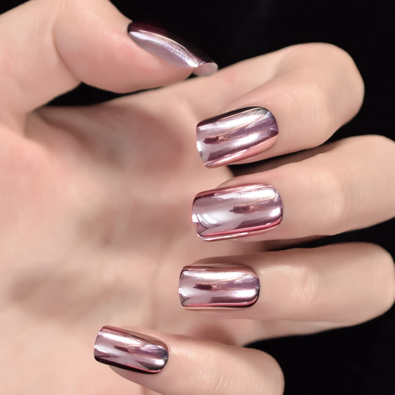 Metallic Mirror Press On Nails Light Pink False Nails Squoval Medium Lenght N…