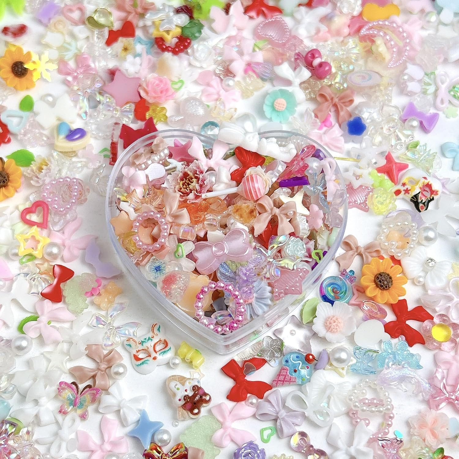 200Pcs Pink Red Nail Charms Kit 3D Flower Bow Heart Flatback Pearls Mixed Shape