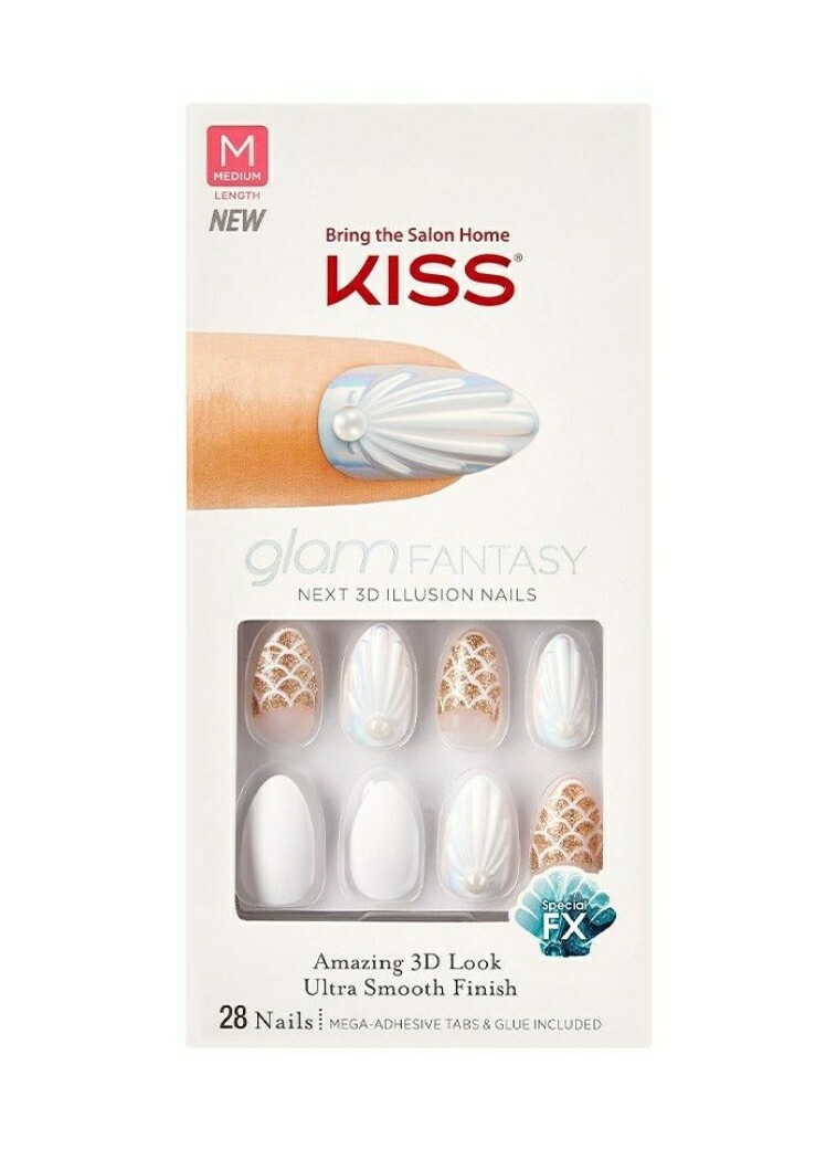 Kiss Press On Nails Glam Fantasy 3D Medium Smooth Finish Beach Mermaid Shell