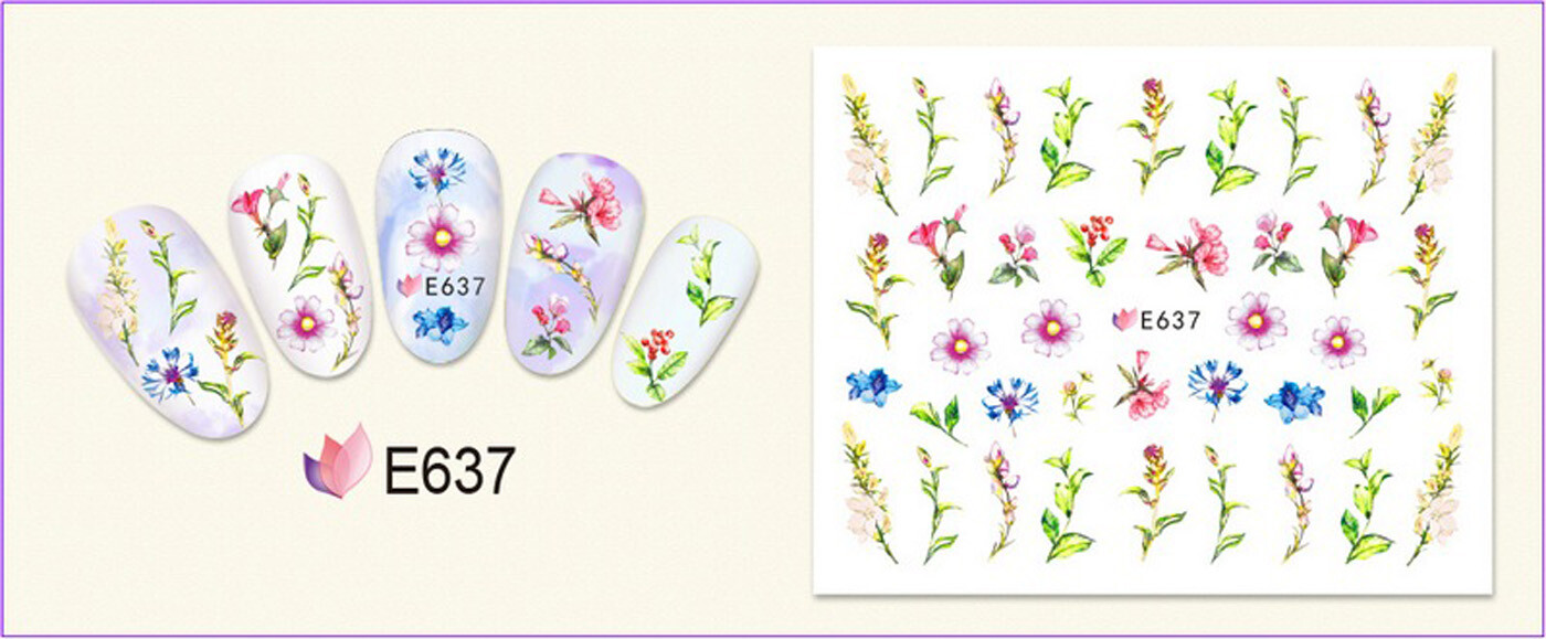 Nail Art 3D Decal Stickers beautiful white blue pink purple flowers E637