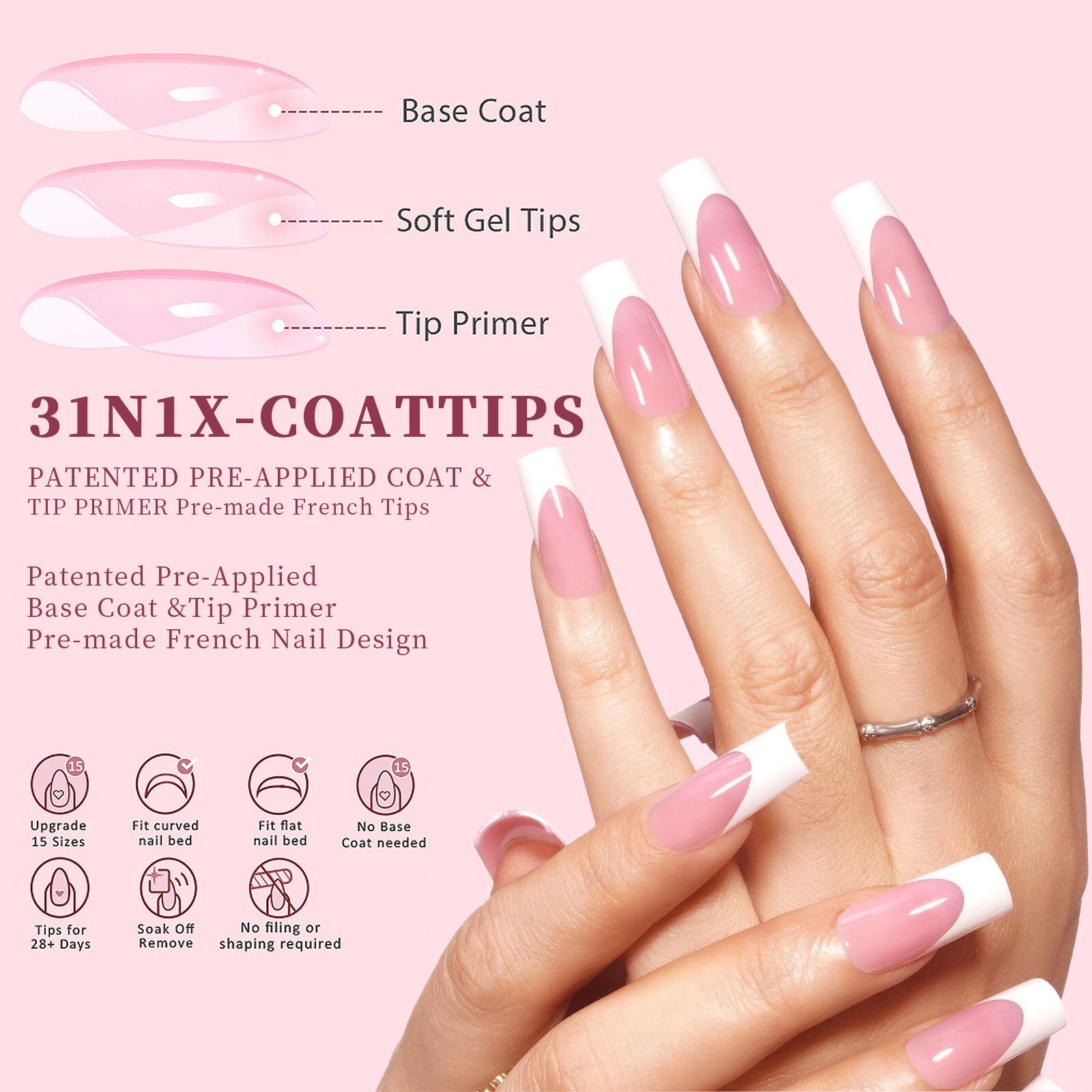 135Pcs Press on Nails French Shape Fake Nai Art Tips Manicure Set 15 Sizes