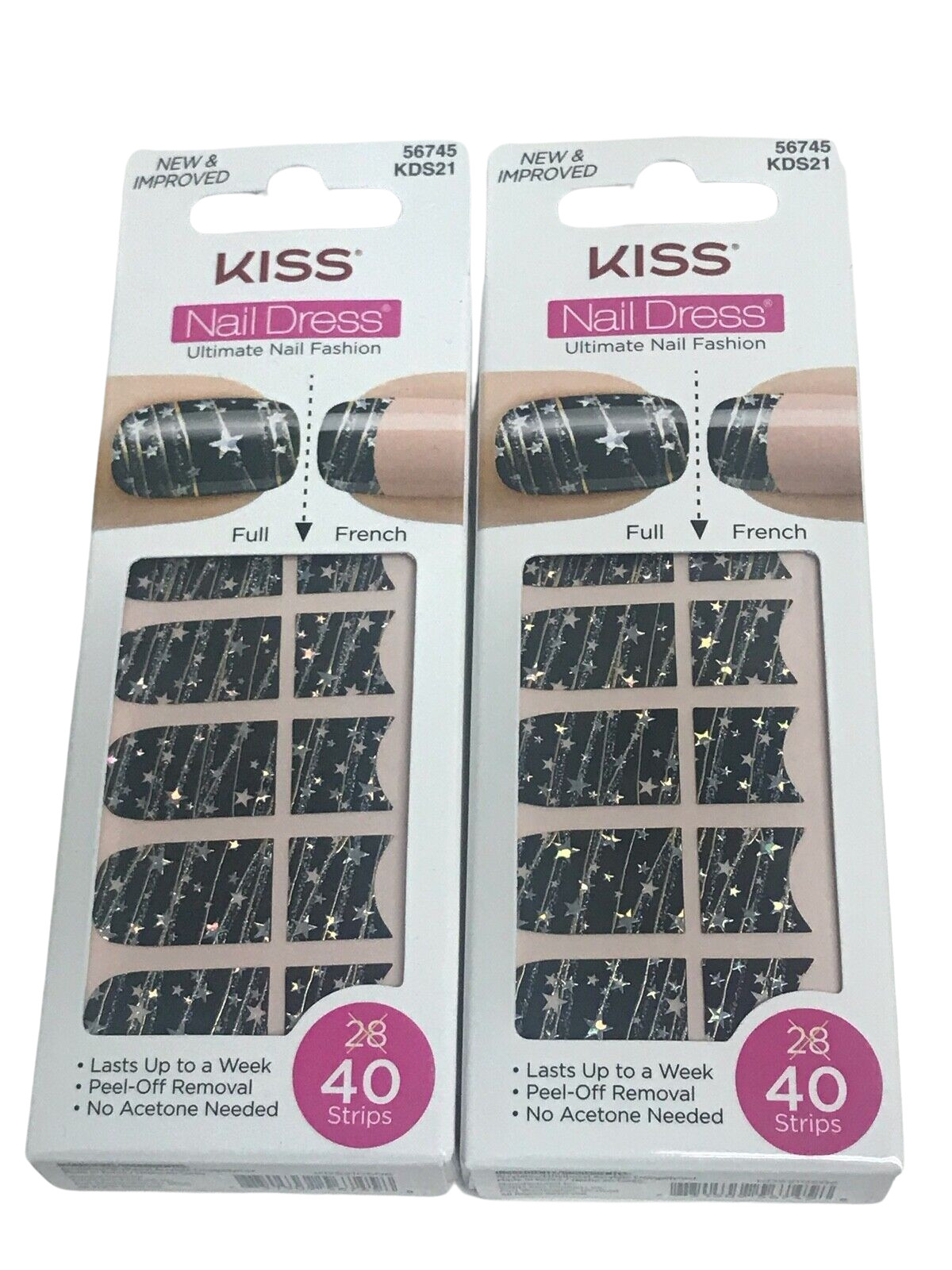2 Pack Kiss Nails Stick on Nail Dress Strips 56745 KDS21 PUSH UP Silver Stars