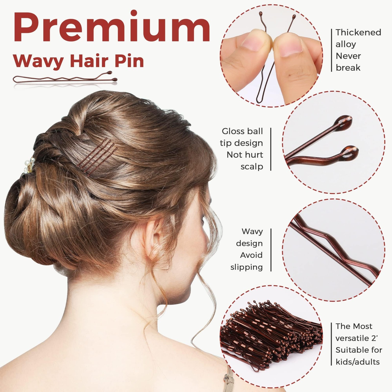 300 Pcs Bobby Pins Brown, EWAGOA Hair for 1 Count (Pack of 300), Brown