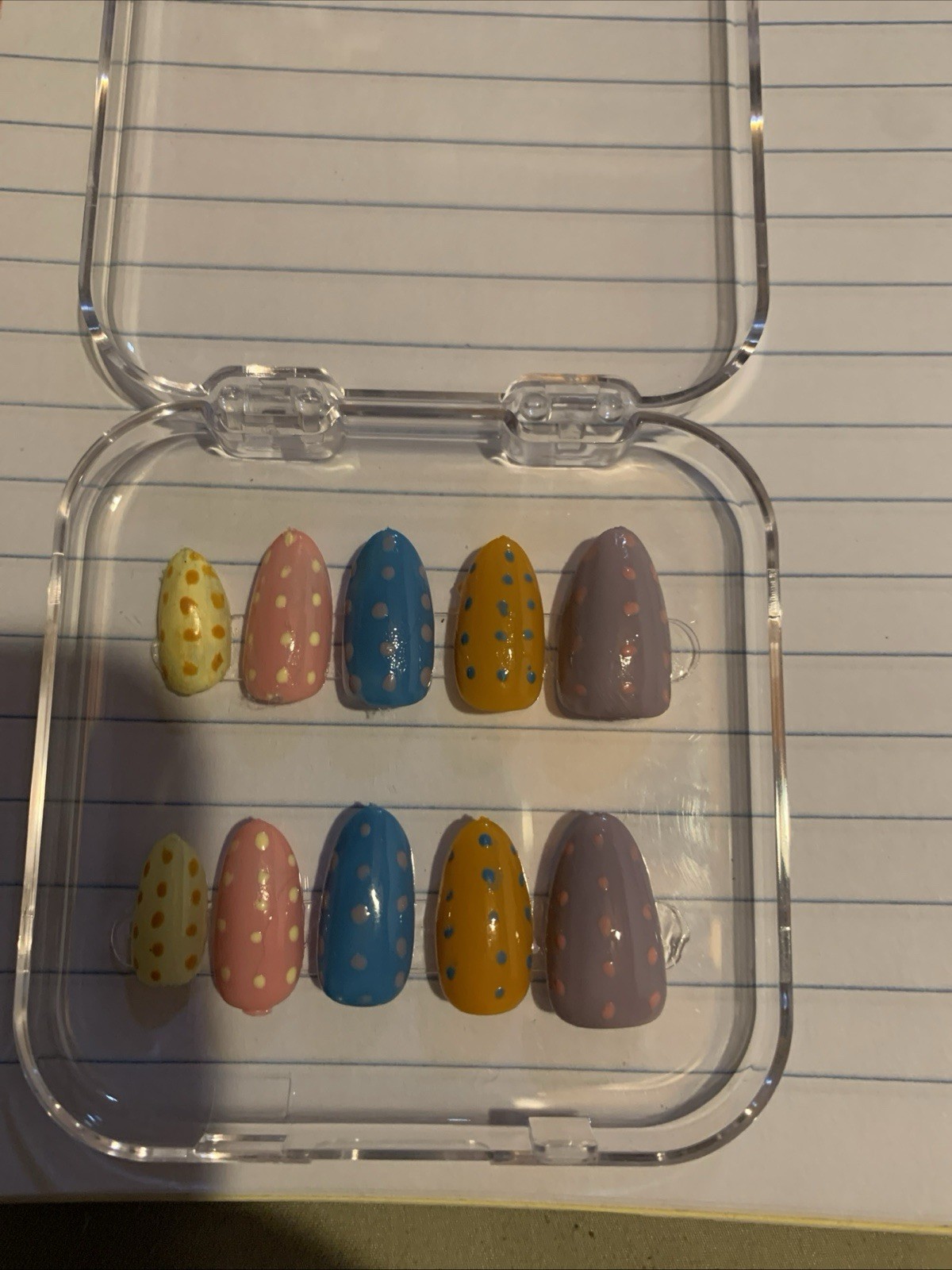 Purple,pink,yellow,blue,orange poka dot False Nails