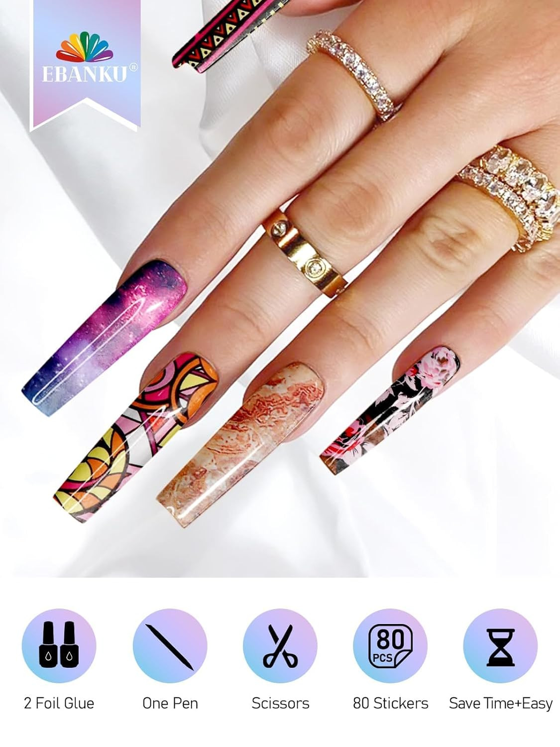 EBANKU 80 Pcs Nail Art Foil with 30ML Nail Foil Glue Gel, Starry Sky Flower Foil
