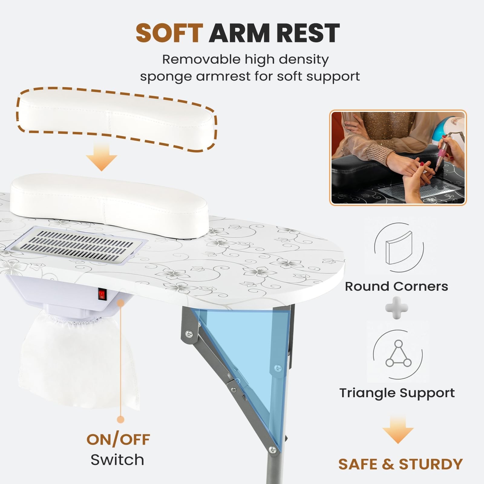 All-in-One Nail Table Manicure Desk with Dust Collector, LED Lamp & Carry Bag, M