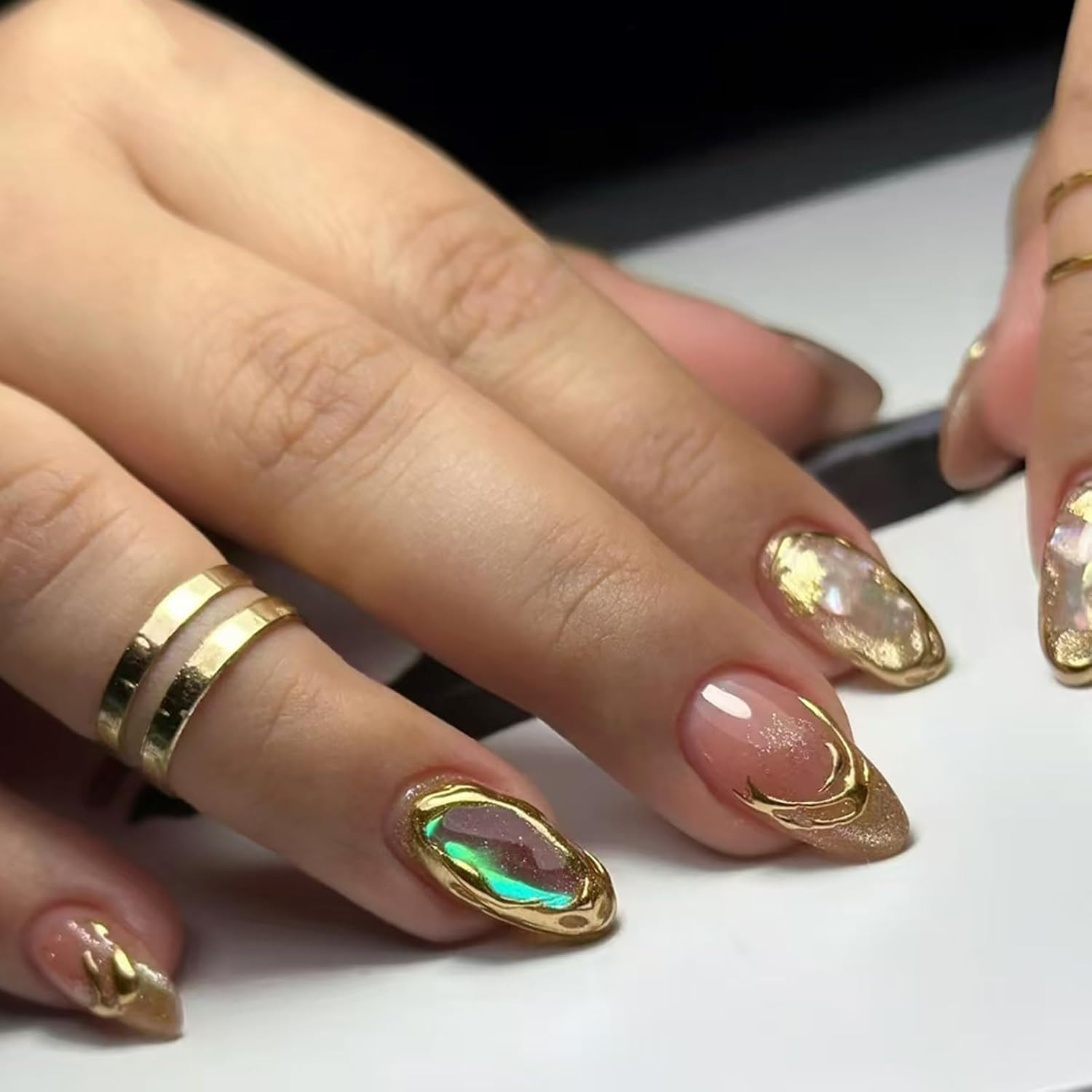 Medium Almond Press on Nails with Designs Fake Nails Press Ons Acrylic False Glo