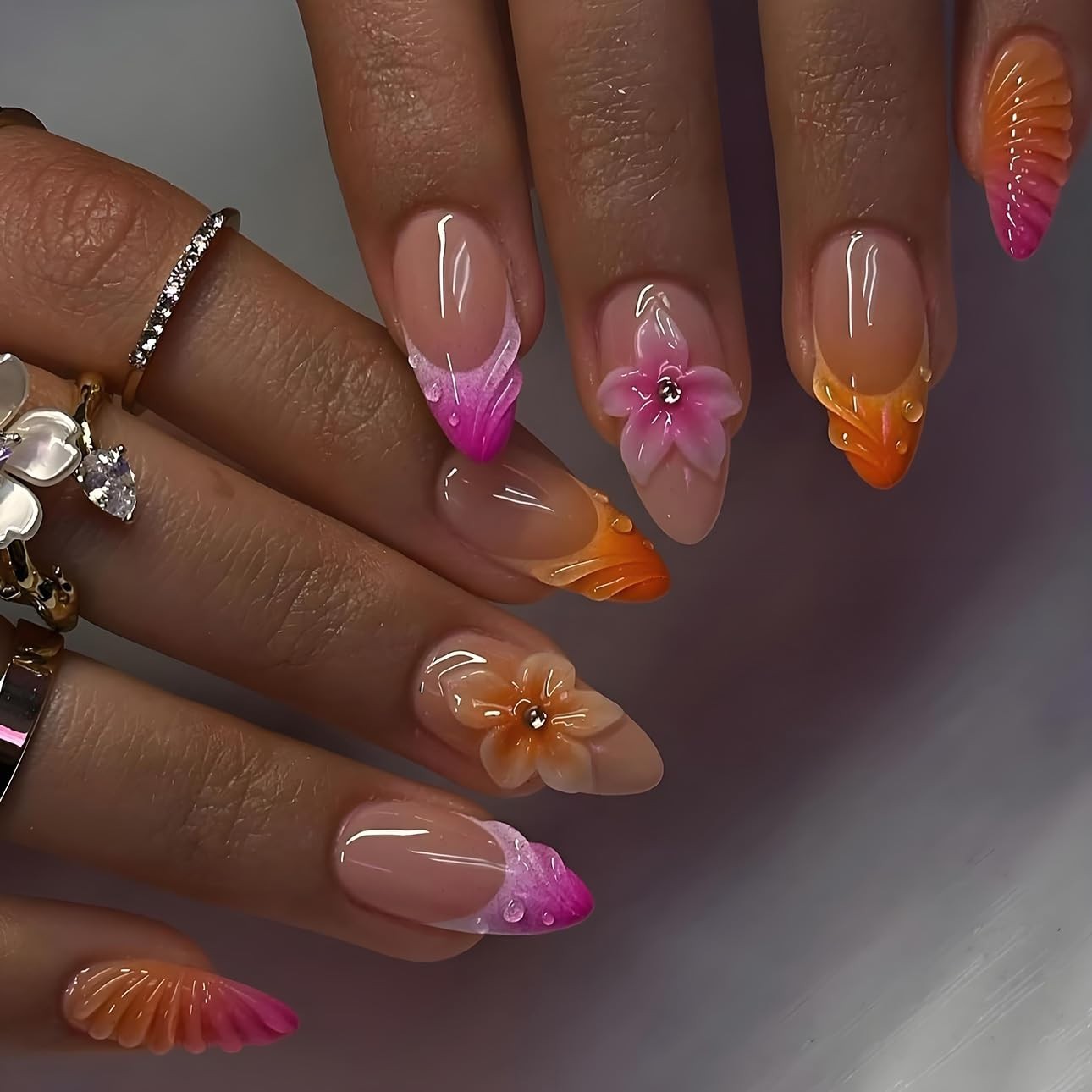 Elegant Medium Almond Press On Nails – 24Pcs Glossy Finish with 3D Floral Art