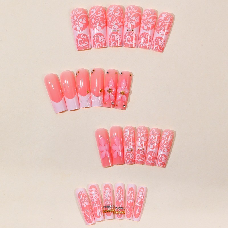 48Pcs Short Taper Press on Nails, Pink Lace Flower French Style Fake Nails