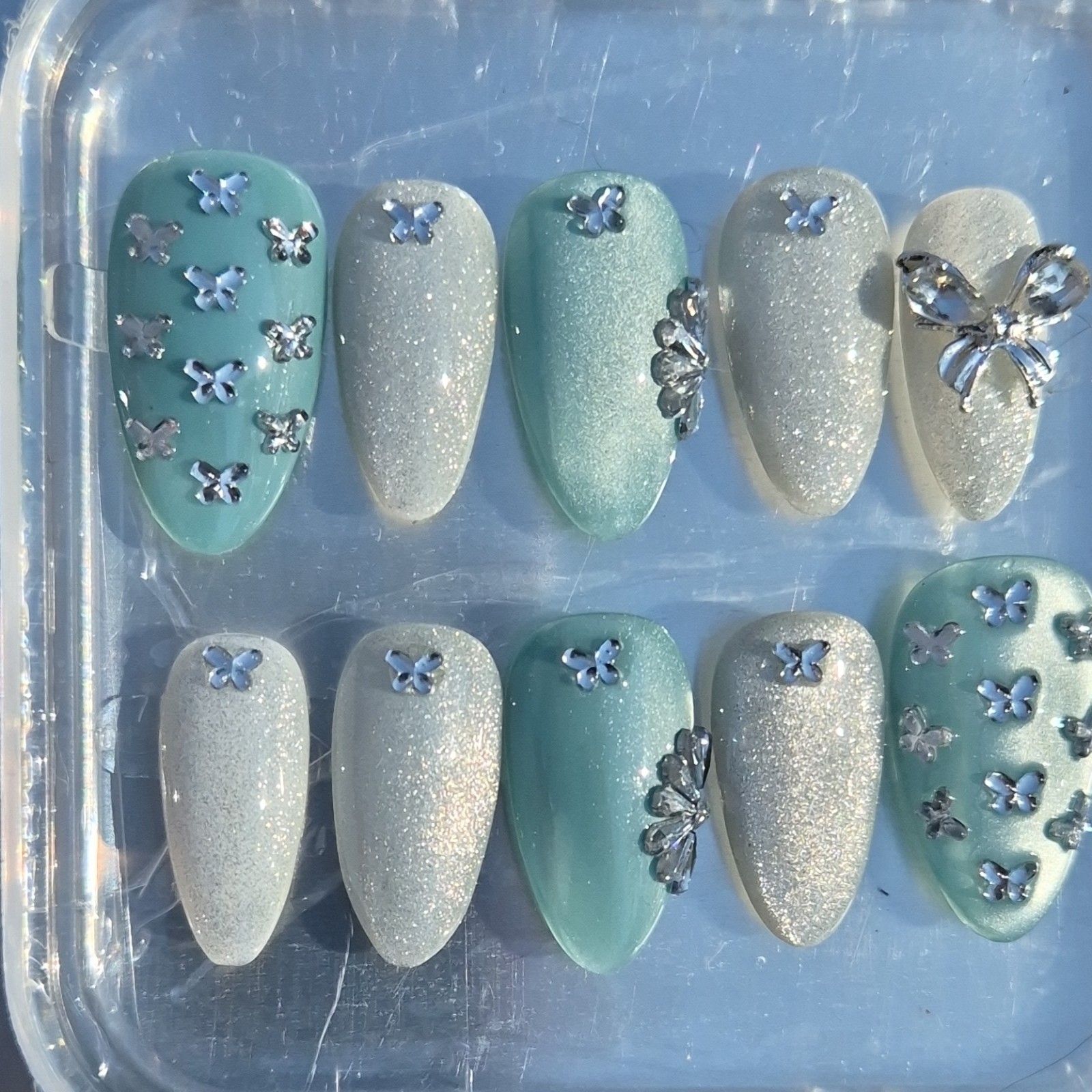 Silver Teal Butterfly 3D Almond Press-On Nails Set Pre-Designed Full Cover