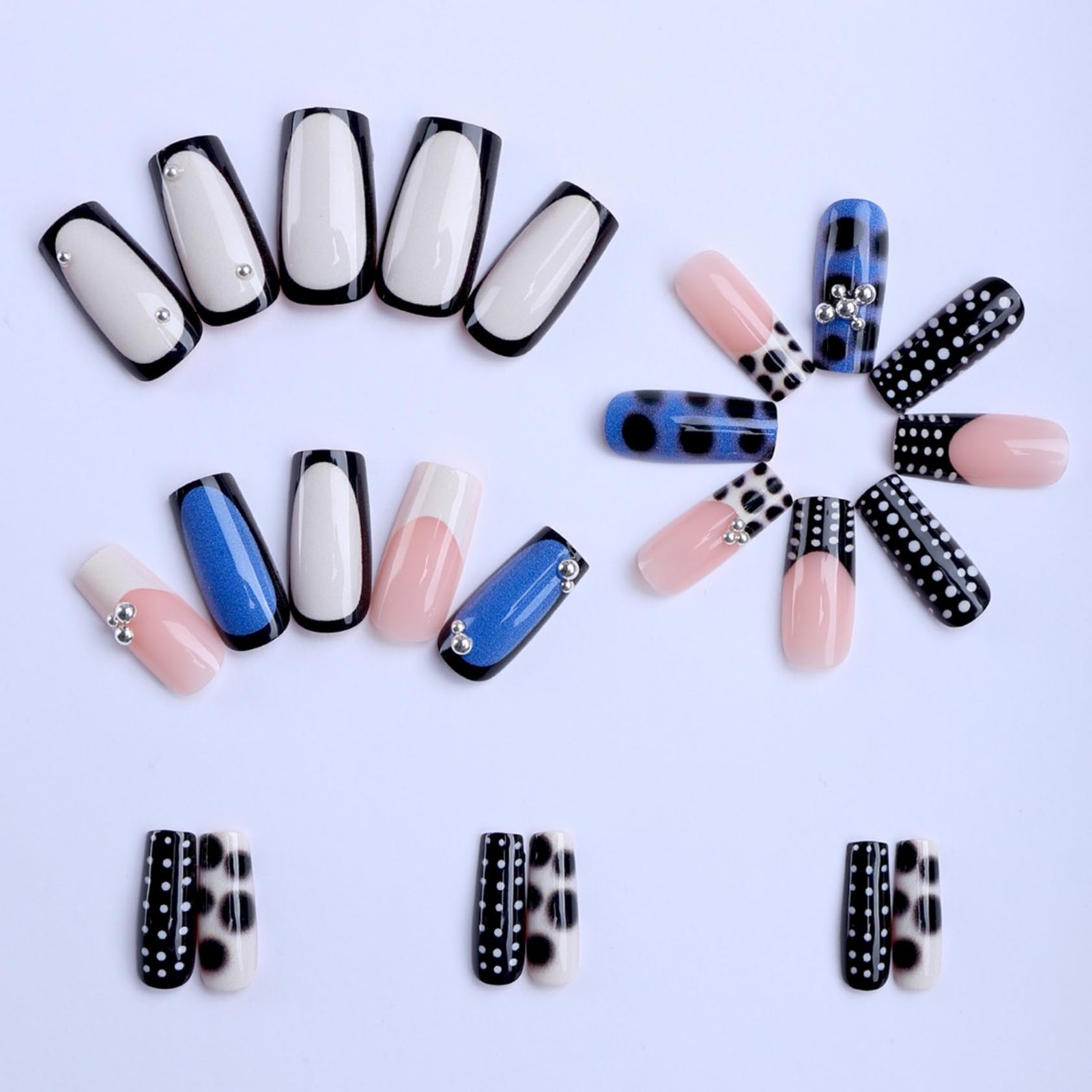 Kcjckcdd Medium Square Nails Blue Black Pearl Bow Design
