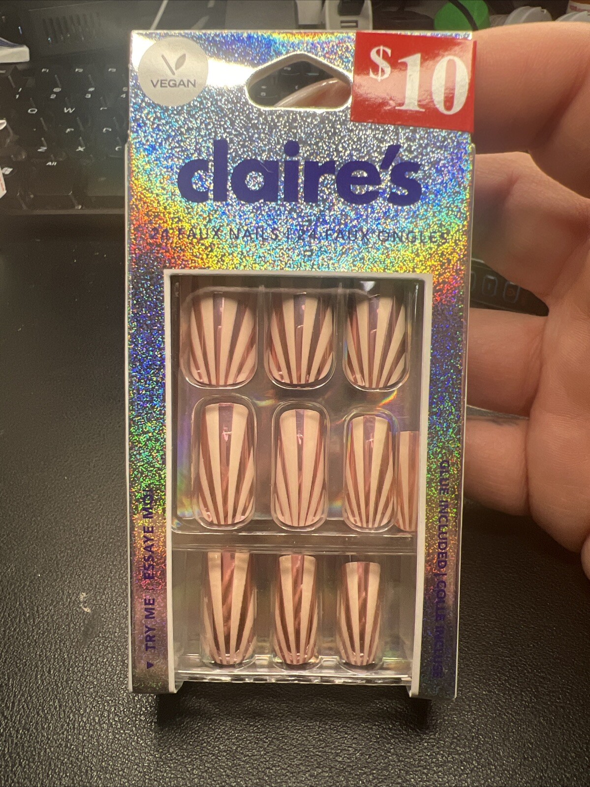 24pc Claire’s Fake False Glue On Pink Sunburst Square Metallic Nails