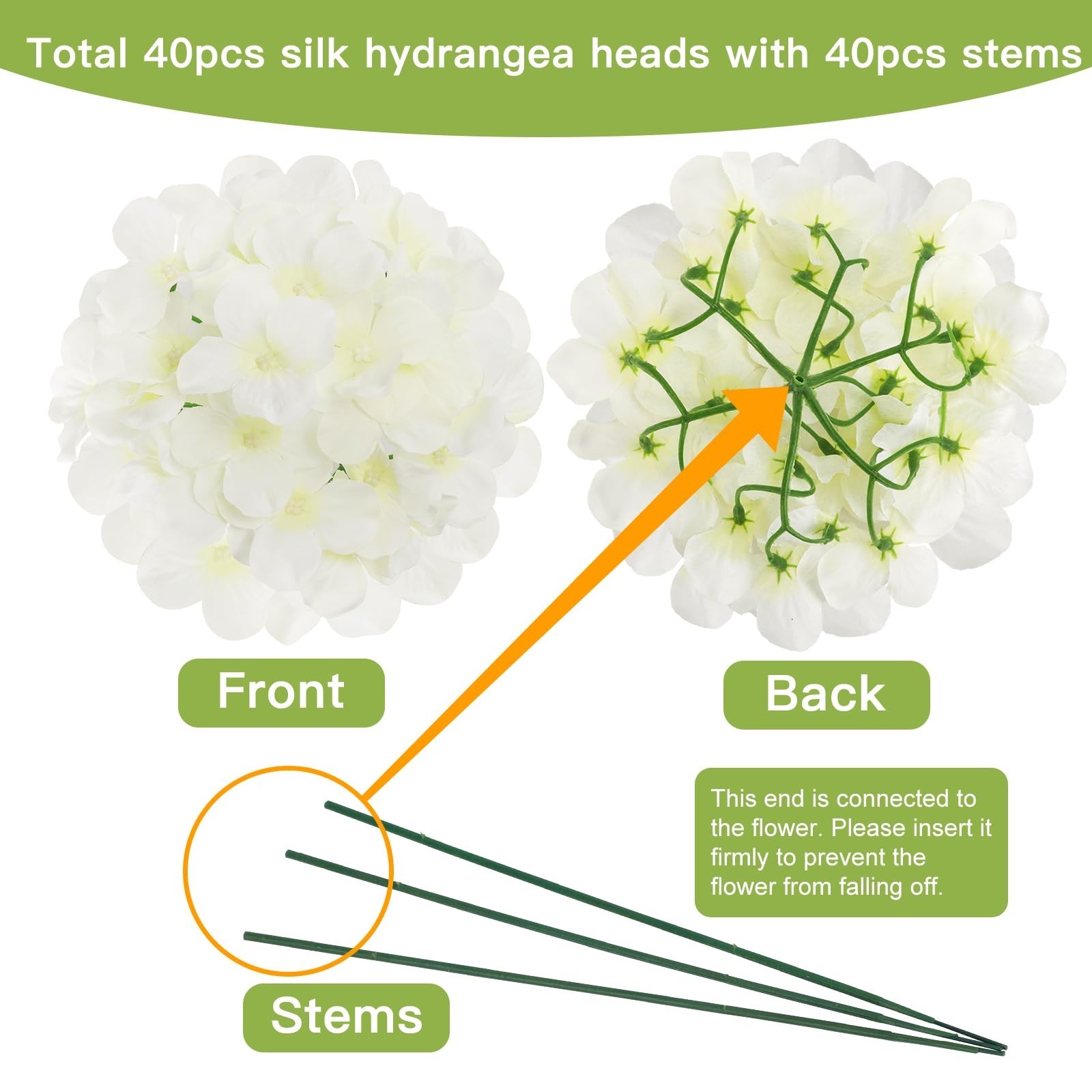 JPSOR 40pcs Artificial Hydrangea Silk Flower Heads with Stems, Fake Flowers f…