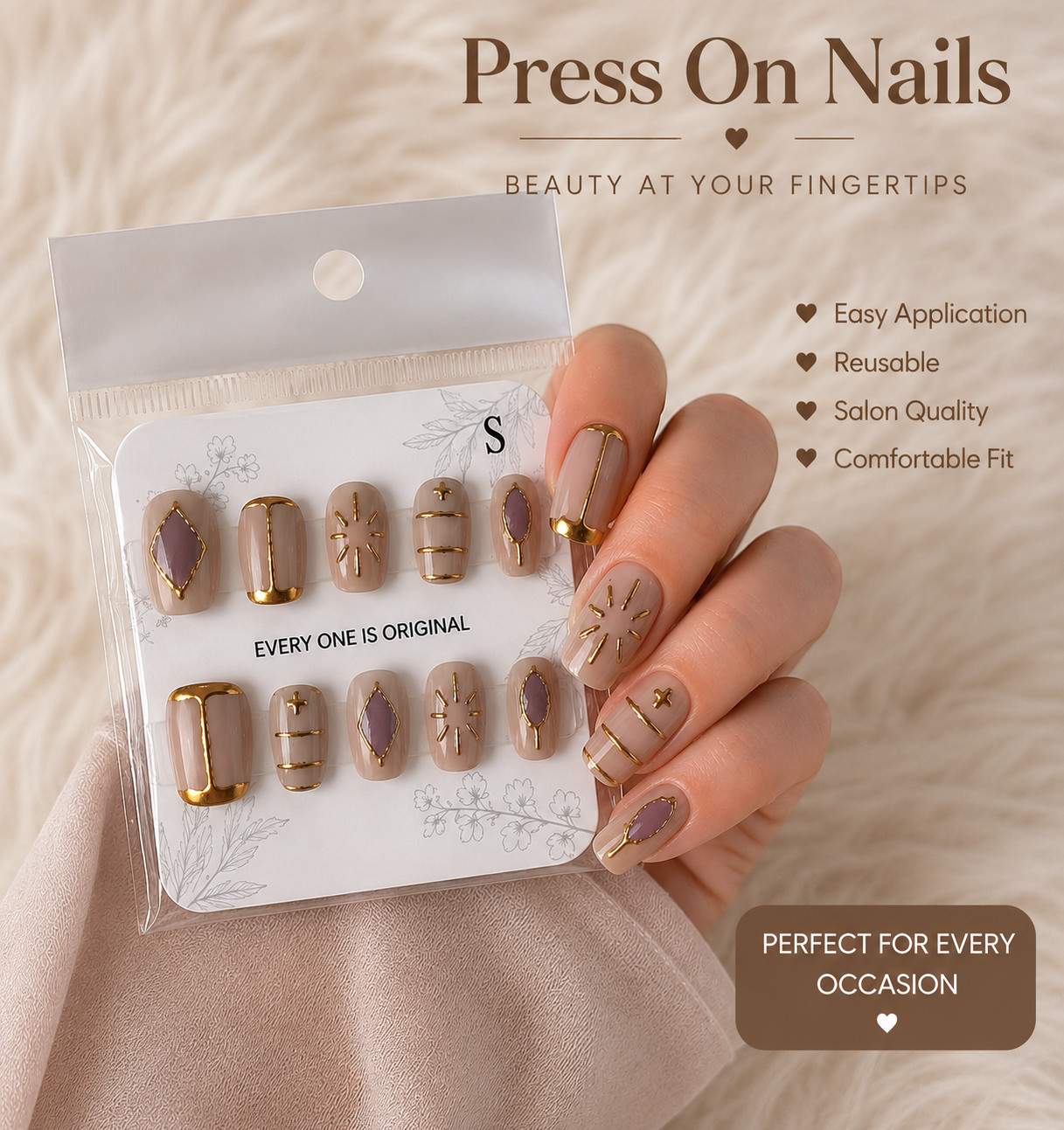 Glossy Nude Taupe Press On Nails | Square Gold Minimalist Nail Set – Small