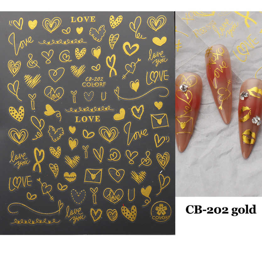 3D Nail Art Sticker Gold Heart Rose Flower Kiss Valentine’s Day Series NH11