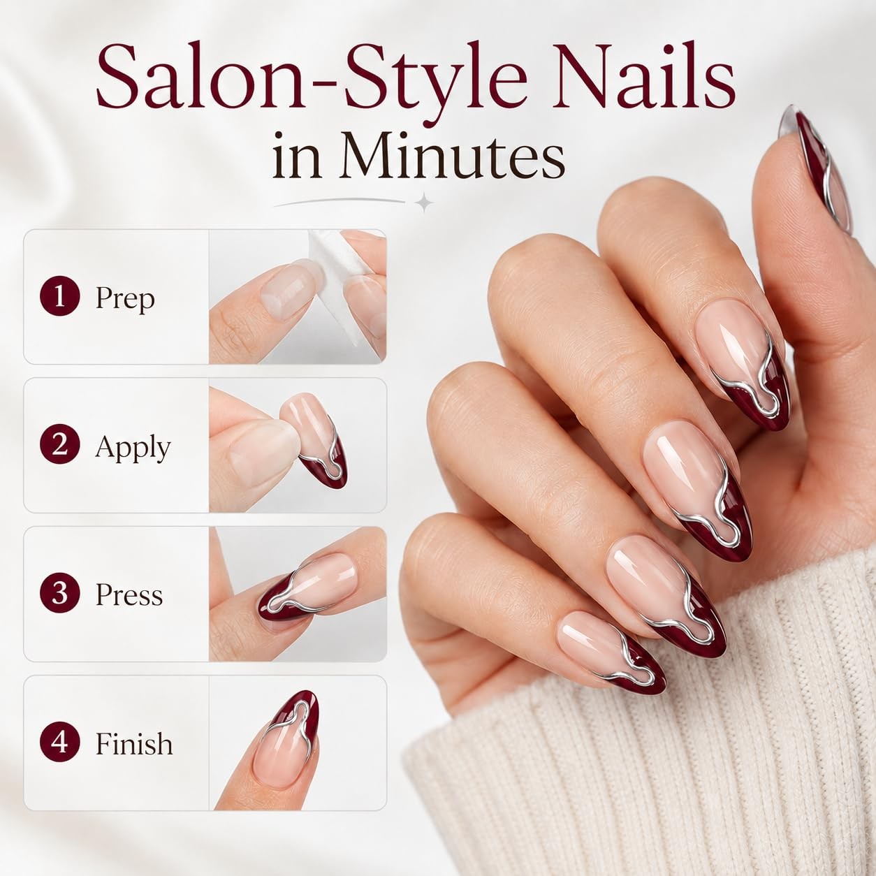 Press on Nails Medium Almond 3D Wine Red French Tip Fake Nails