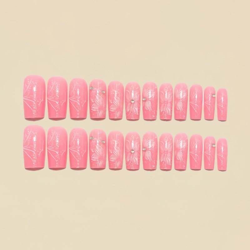 48 Pieces of Pink Flower Spring Medium Long European Square Fake Nail Art