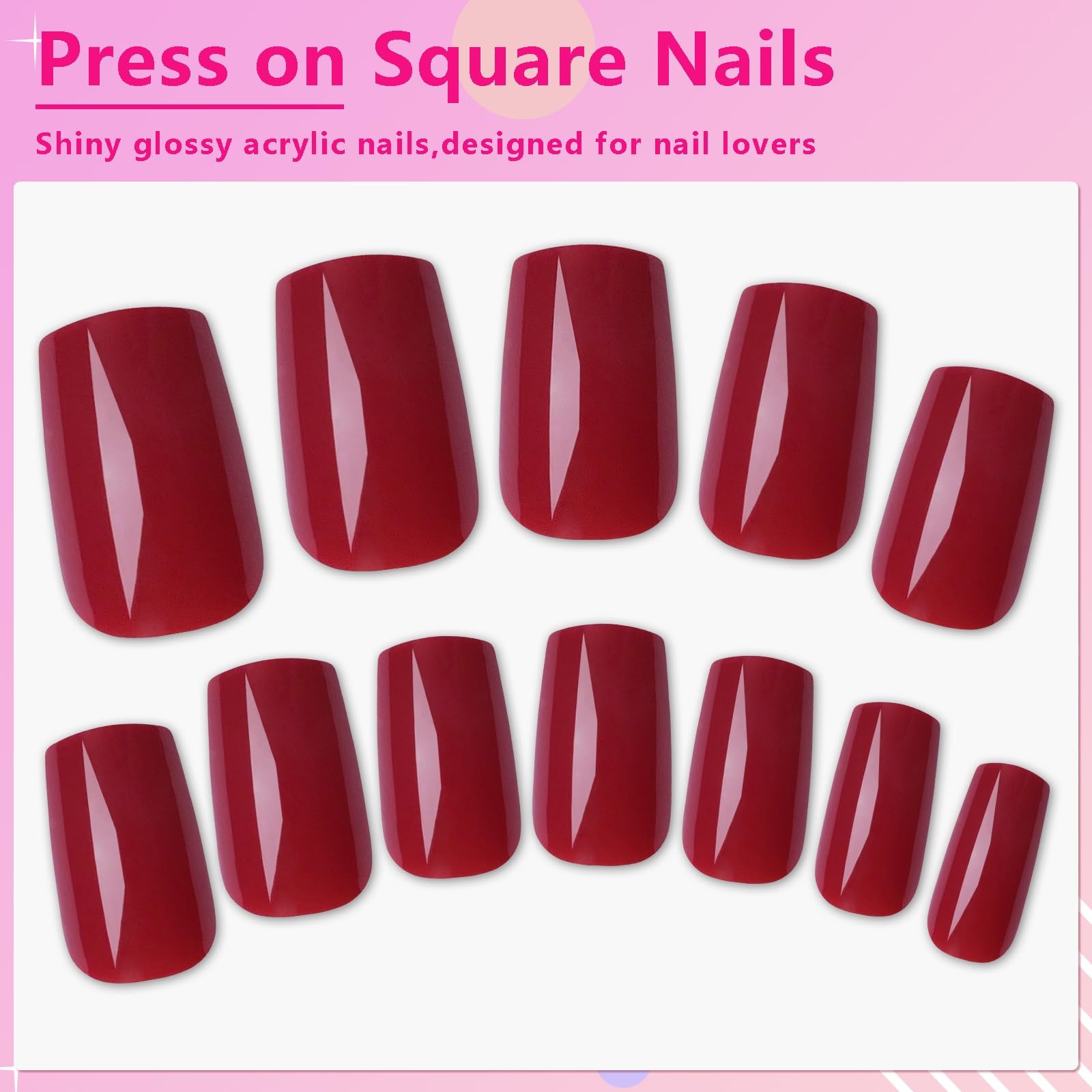 AddFavor 240pcs Red Press on Nails Medium Square Fake Nails, 10 Size,