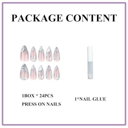 Medium Press on Nails Almond Fake Nails 3D Sliver French Tip Glue 36A04Sliver