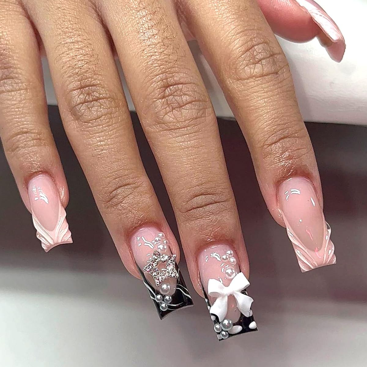 Press on Nails Medium Long Pink Fake Nails 3D Butterfly Knot Pearl Sparkling …