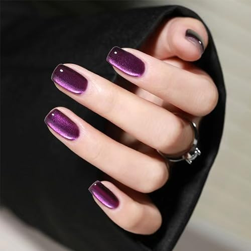 Glitter Dark Purple Cat Eye Press on Nails Medium Square Fake Nails Glossy