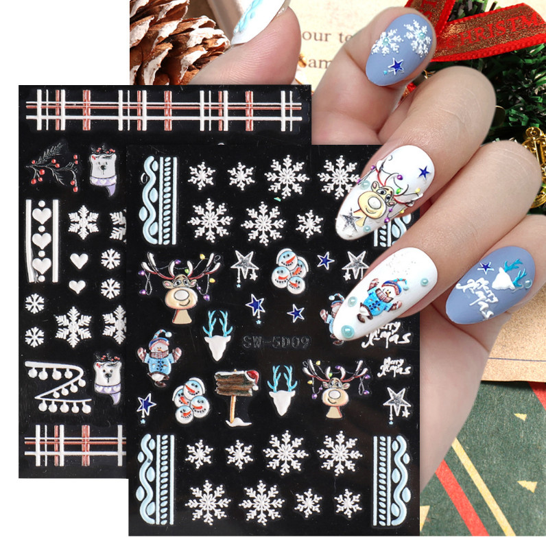 5D Embossed Pink Blue White Christmas Santa Heart Snowflake Nail Stickers Decals