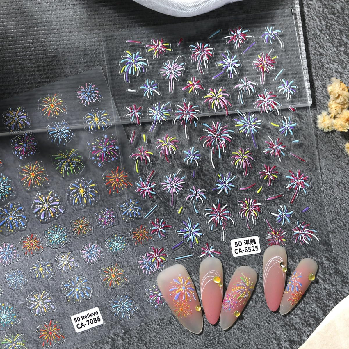 2 Sheets Fireworks Nail Stickers 5D Embossed 4Th of July Nail Art Stickers