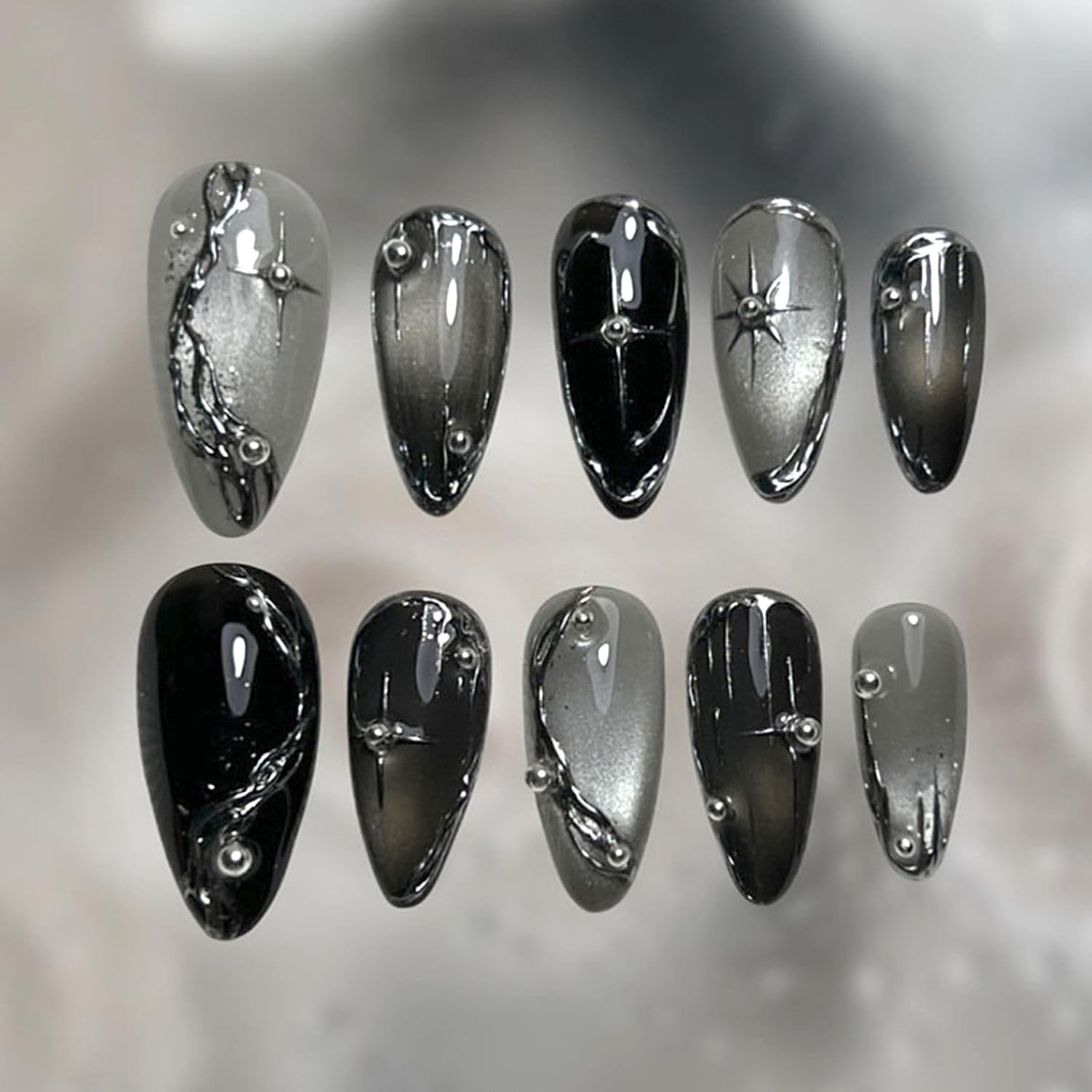 30Pcs Silver Chrome Press on Nails Short to Medium Almond, Colorful -37