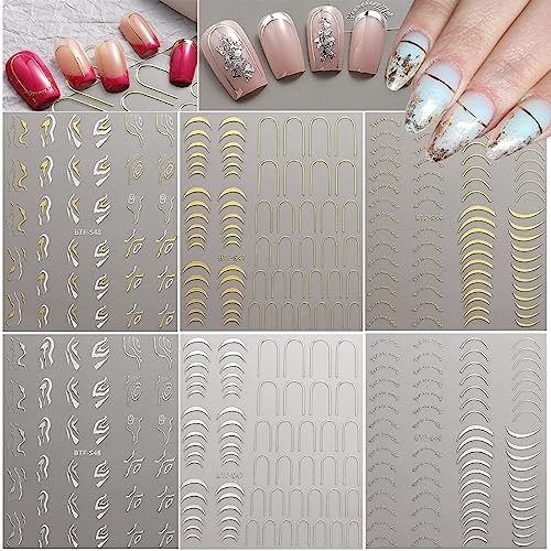 6 Sheets Shiny French Line Nail Art Stickers Decals 3D Glitter Gold Colorful -6
