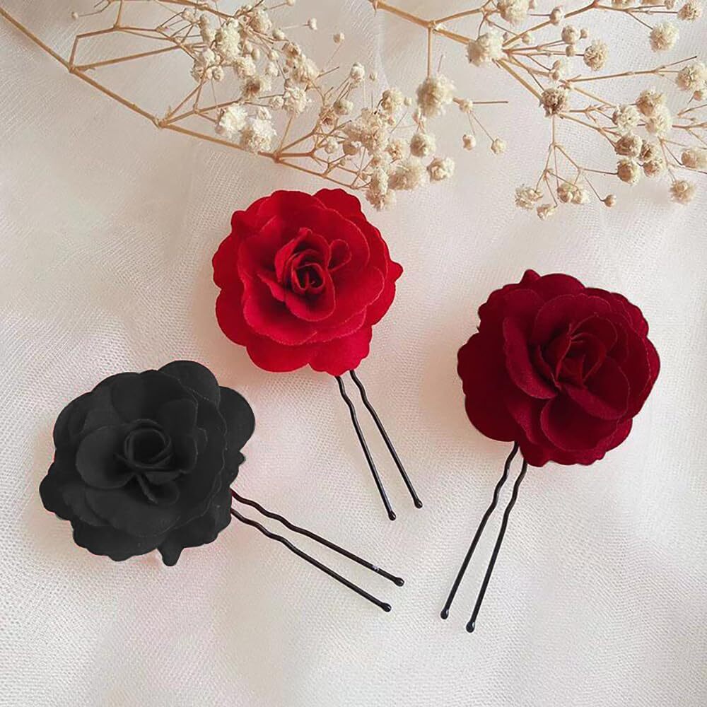 8 PCS Black Rose Flower Hair Clips U Shape Floral Bobby