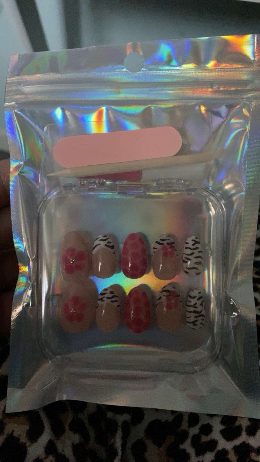 Zebra Print And Red Flowers, Press On Nails.