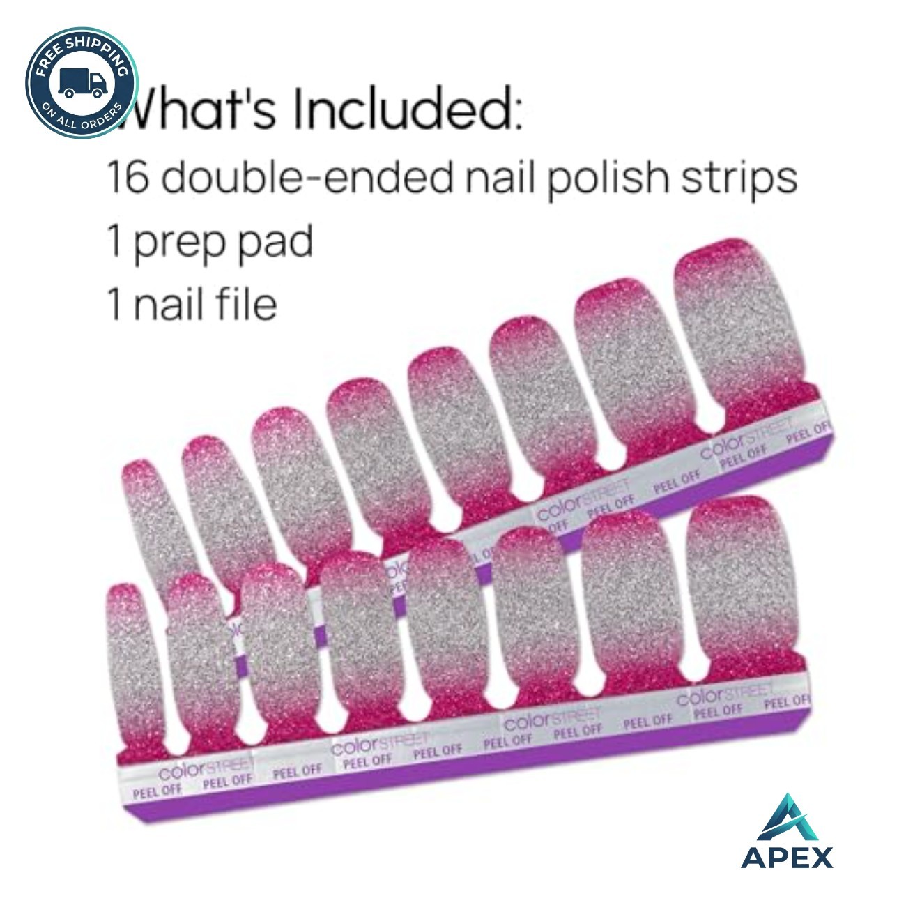 Nail Art Stickers 16 Double-Ended Nail Strips Pink Silver Glitter Gradient Peel