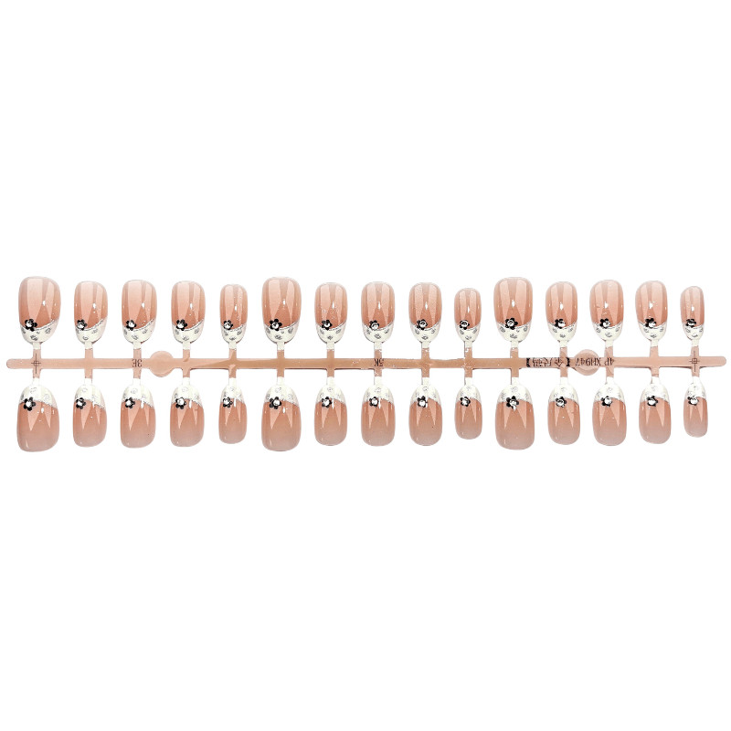 60pcs-Nude Press on Nails Short Round French Tip Black Flower Pearl Rhinestones