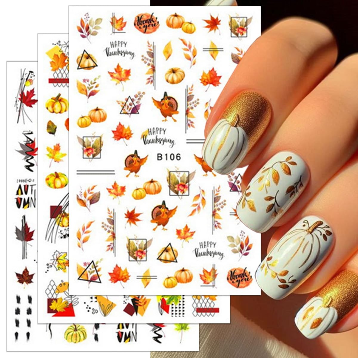 8 Sheets Thanksgiving Nail Decals 3D Self-Adhesive Autumn Multicolour