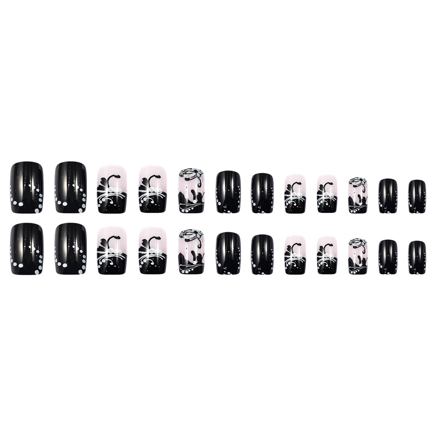 Short Square Press-On False Nail Glossy Black Flowers French Manicure 24pcs
