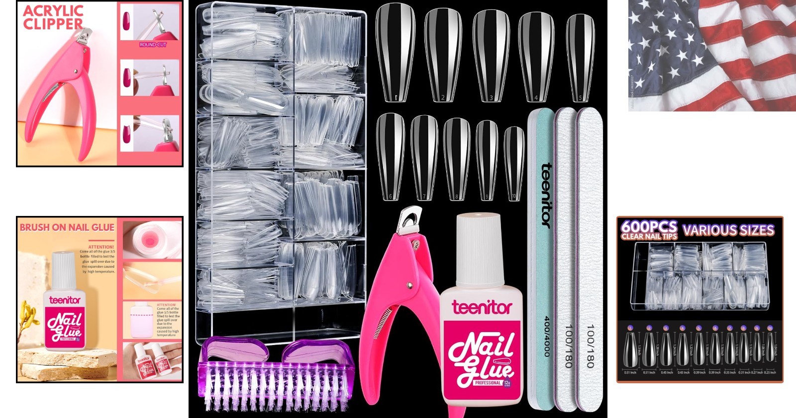 Clear Coffin Nail Tips Set, Long Acrylic Nail Kit Full Cover Clear Press On N…