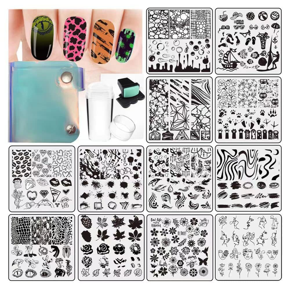 15Pcs Nail Stamping Plates Set with Stamper, Scraper & Storage Bag, 6x6cm