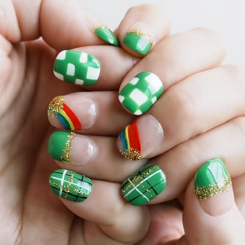 St. Patrick’s Day Press On Nails Extra Short L Green & Gold Rainbow Starlight