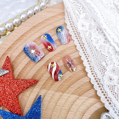 30Pcs 4th of July Press on Nails – Short Square Fake Nails – 4th of July-20